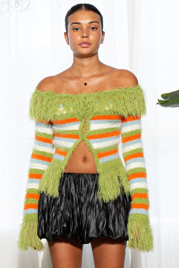 Flirt & Fuzz Off-Shoulder Cardigan