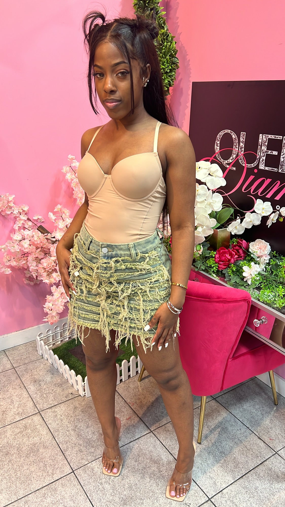 Distress Denim Skirt - Sand