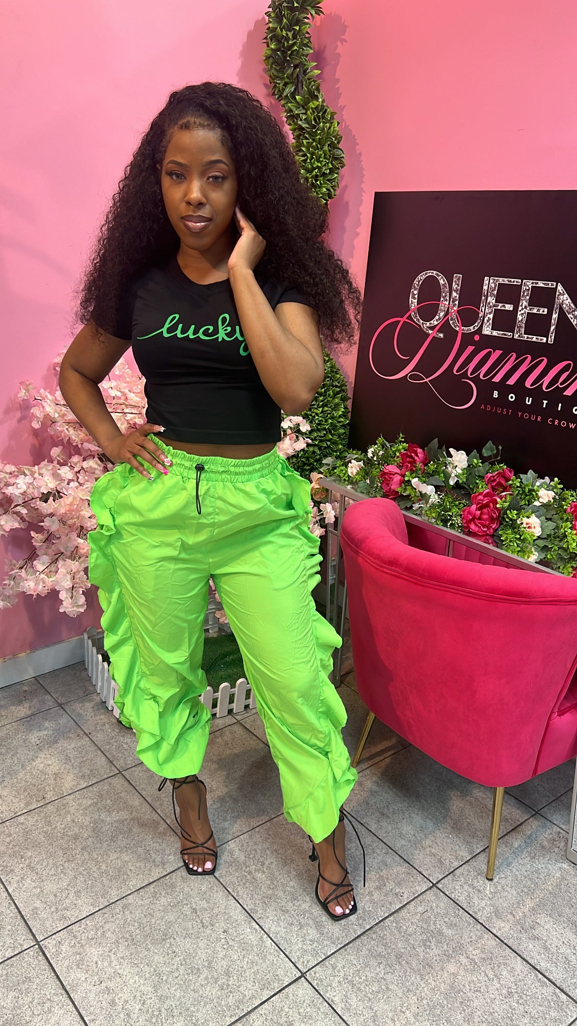 Ruffle Cargo Pants - Lime Green