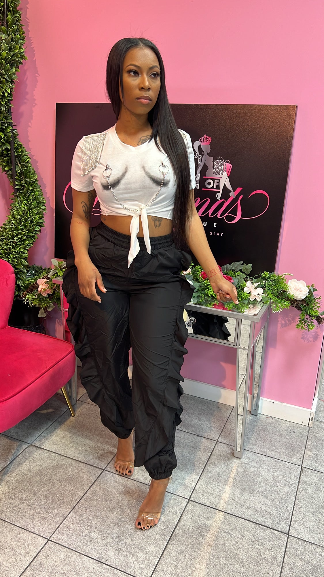 Ruffle Cargo Pants - Black