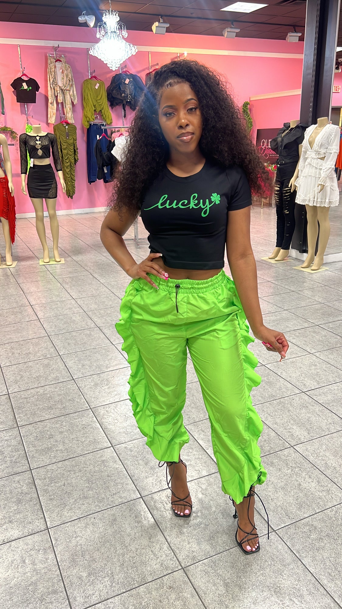 Ruffle Cargo Pants - Lime Green