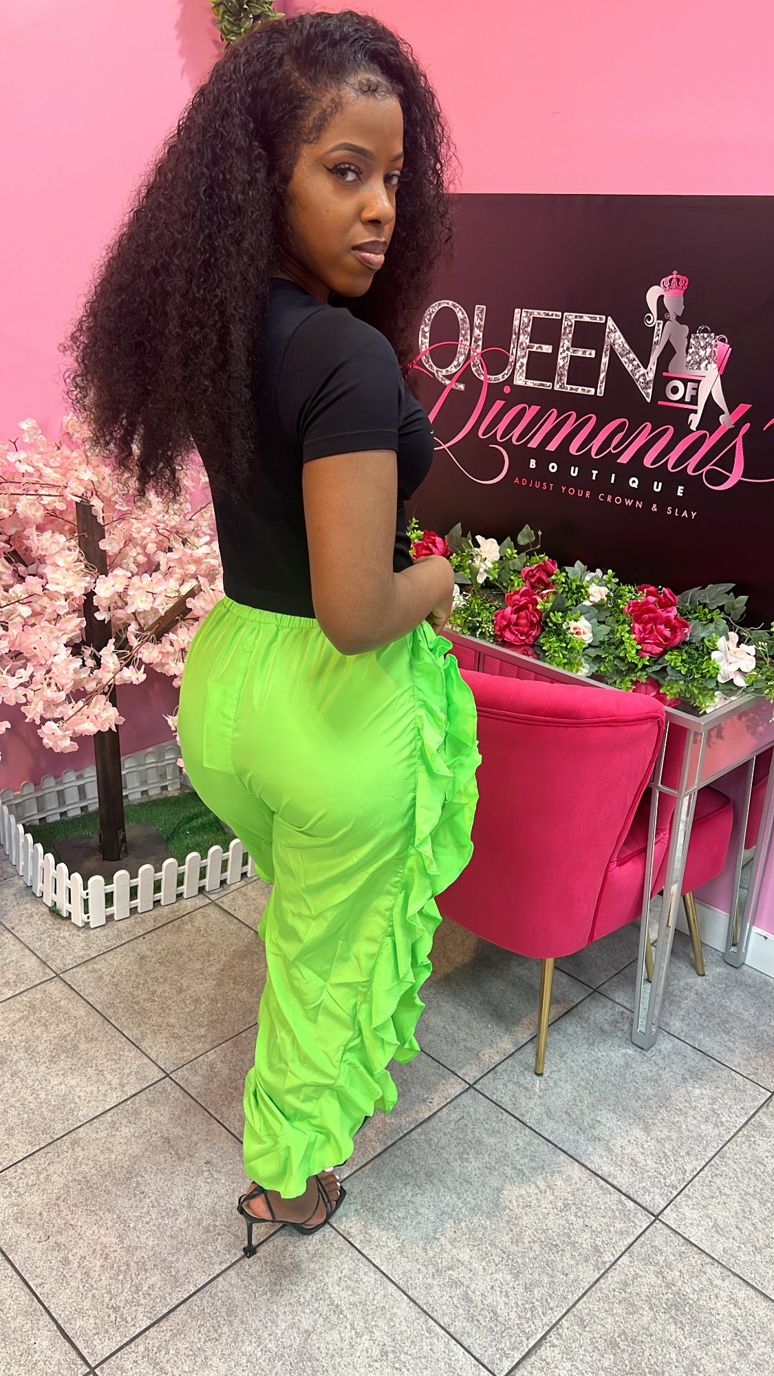 Ruffle Cargo Pants - Lime Green