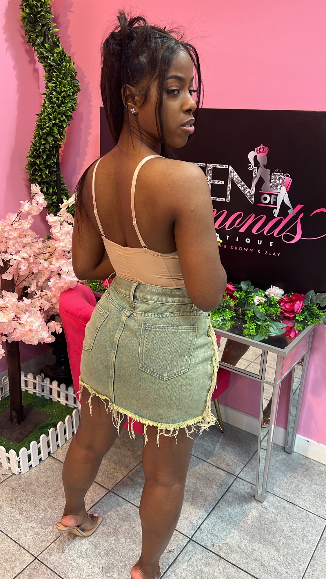 Distress Denim Skirt - Sand