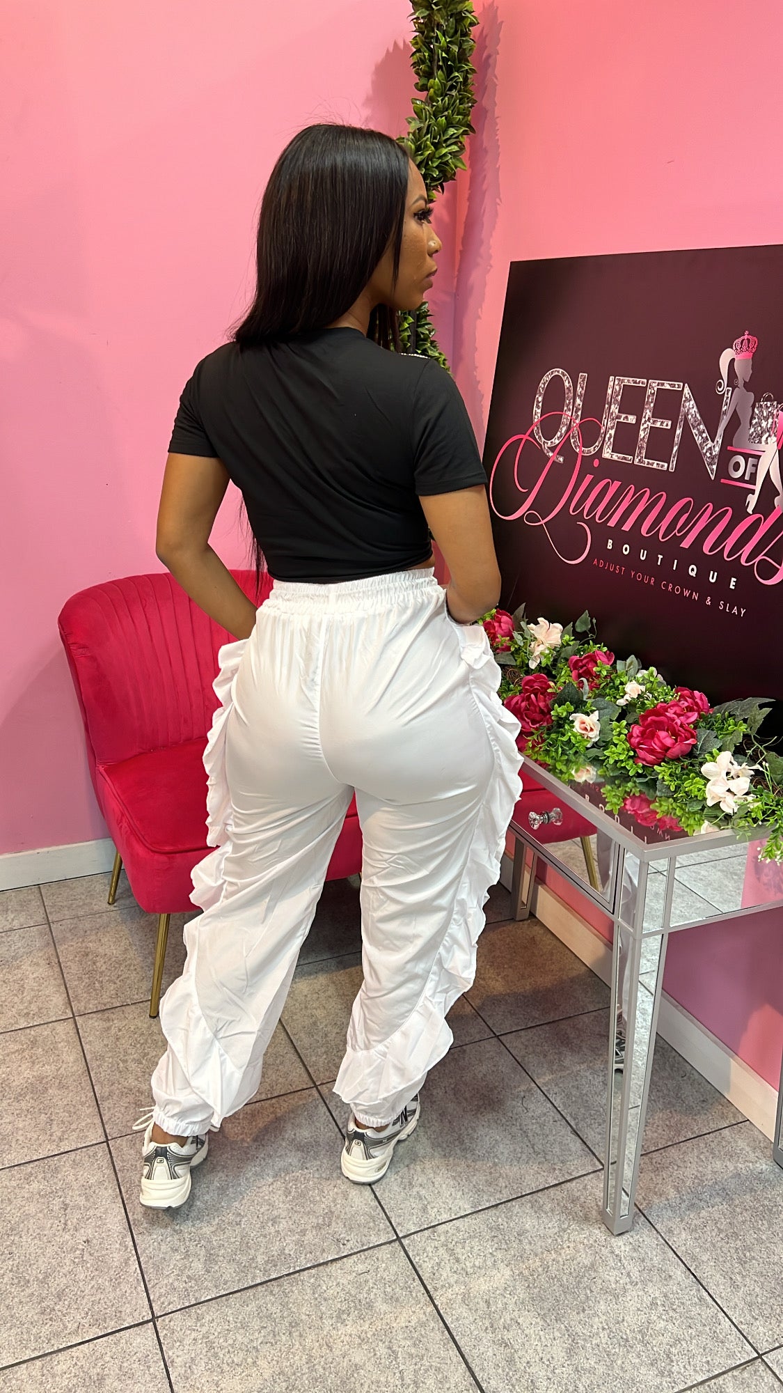 Ruffle Cargo Pants - White