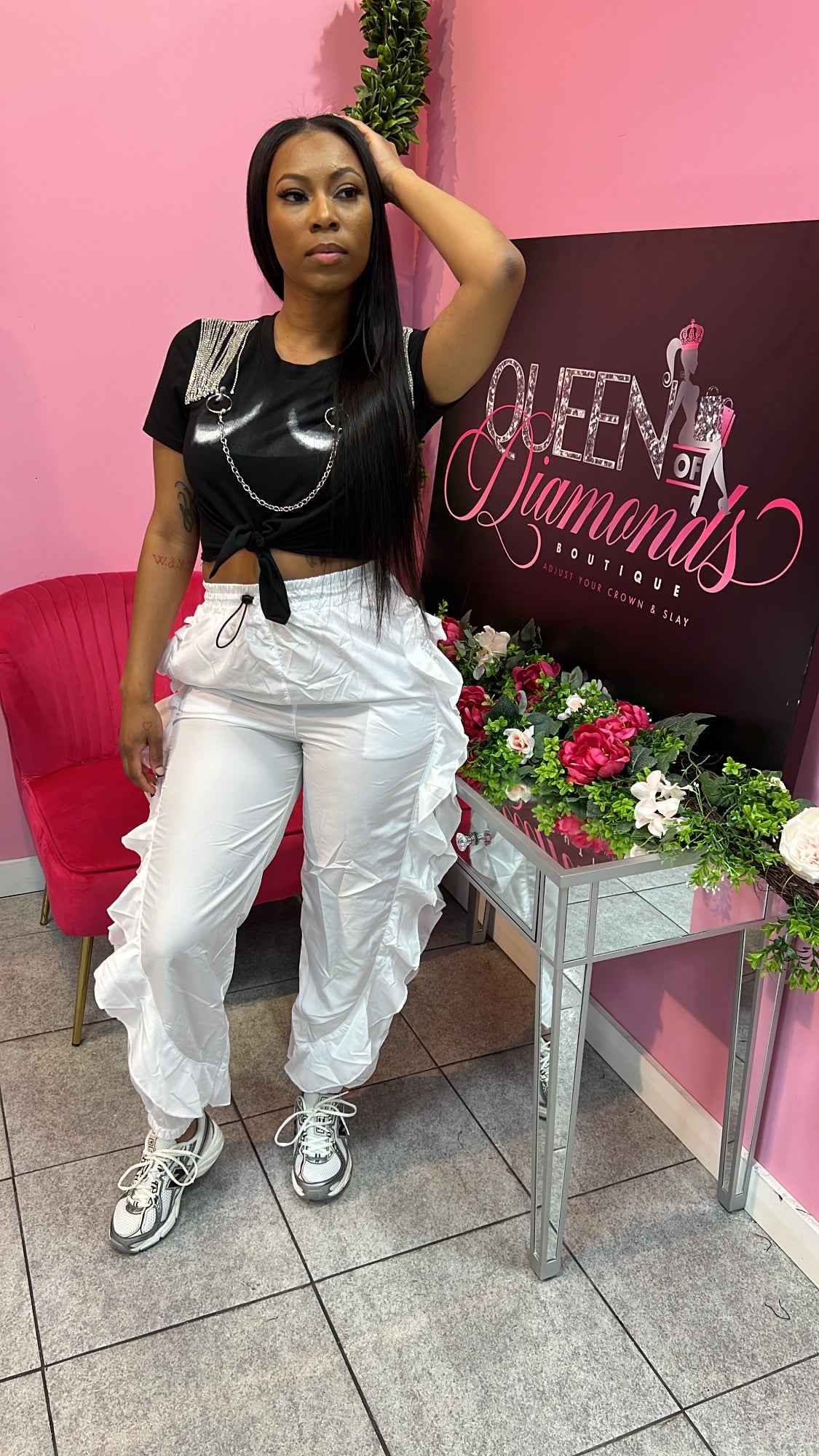 Ruffle Cargo Pants - White