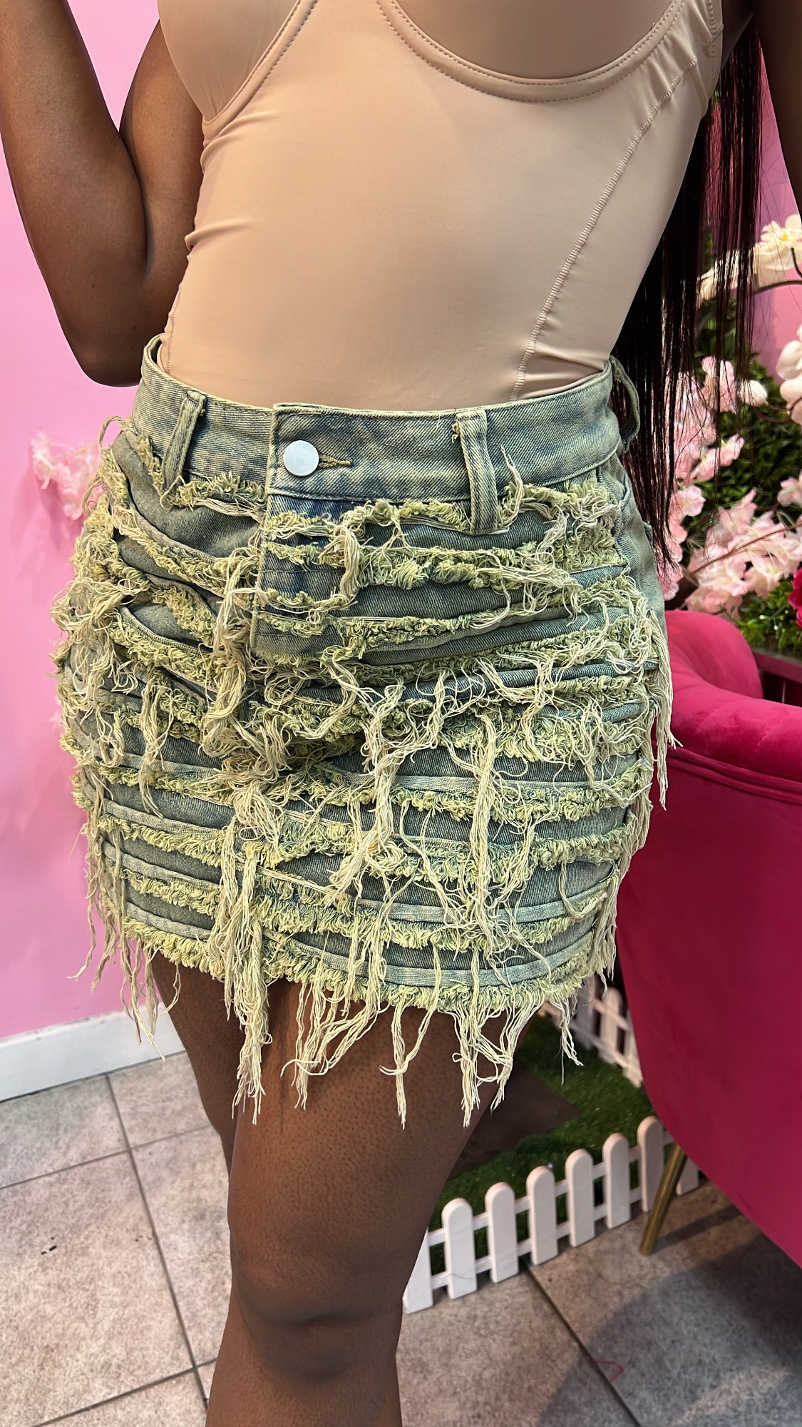 Distress Denim Skirt - Sand