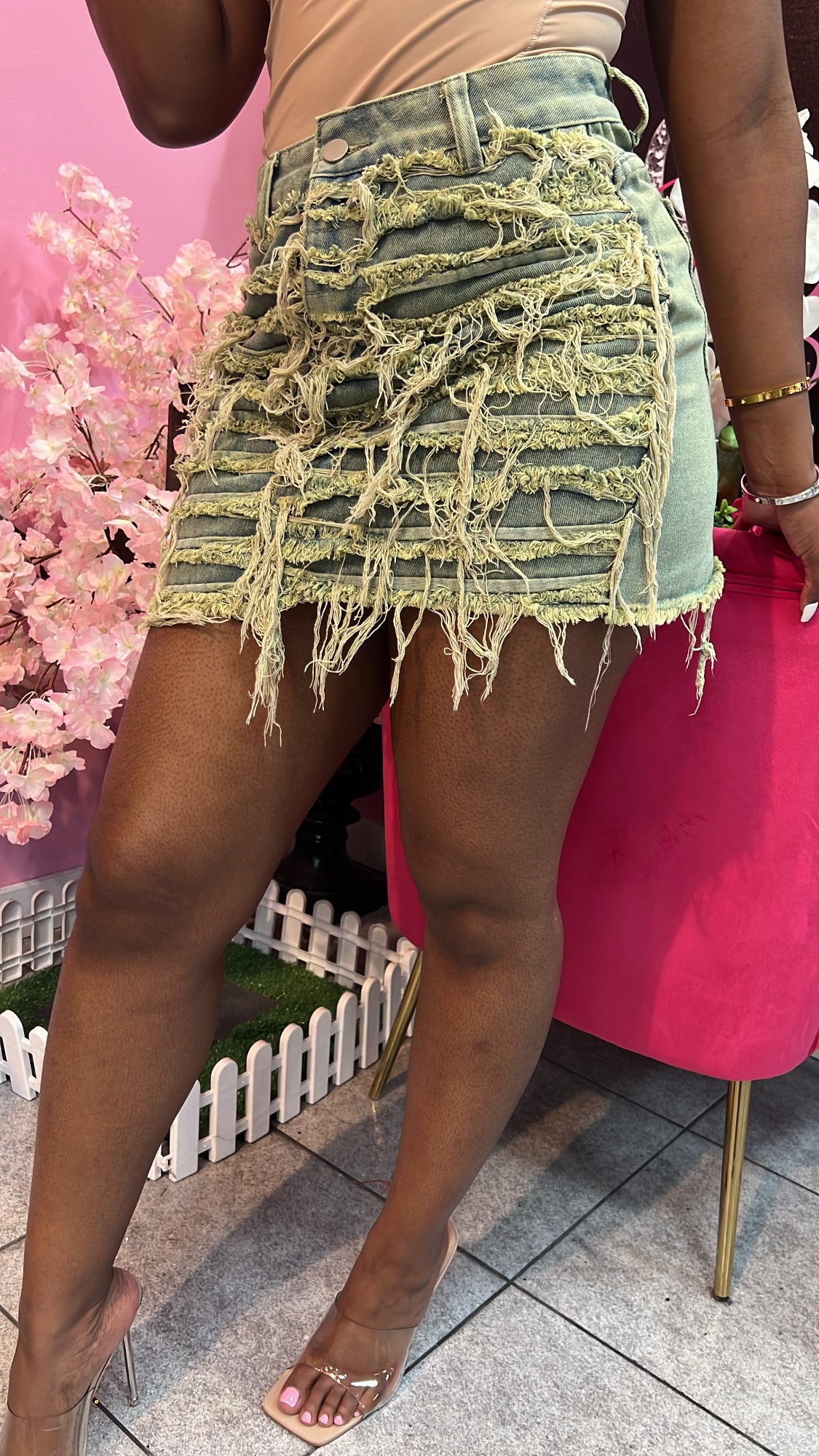 Distress Denim Skirt - Sand