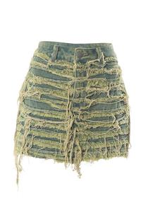 Distress Denim Skirt - Sand