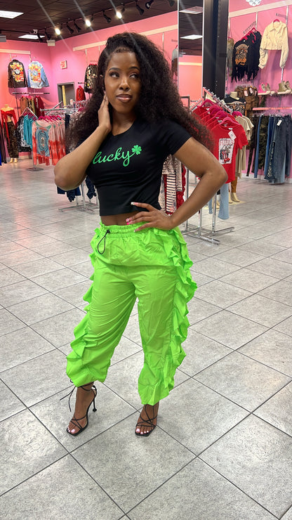 Ruffle Cargo Pants - Lime Green