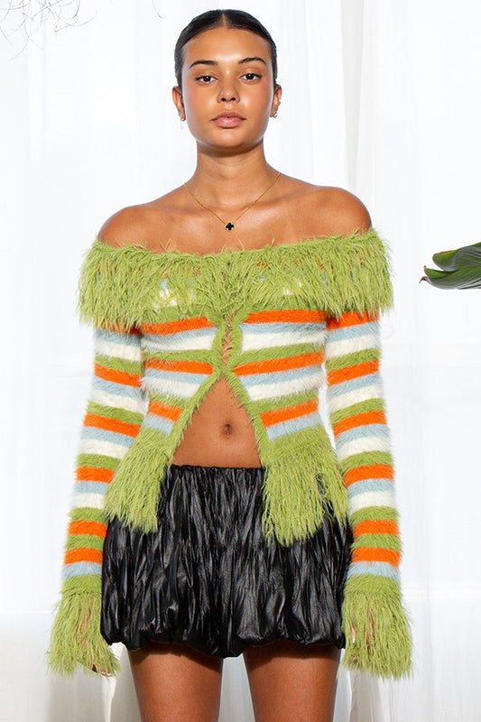 Flirt & Fuzz Off-Shoulder Cardigan