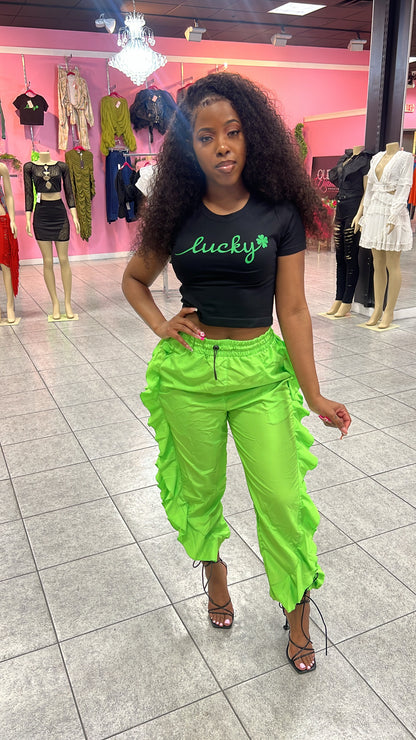Ruffle Cargo Pants - Lime Green