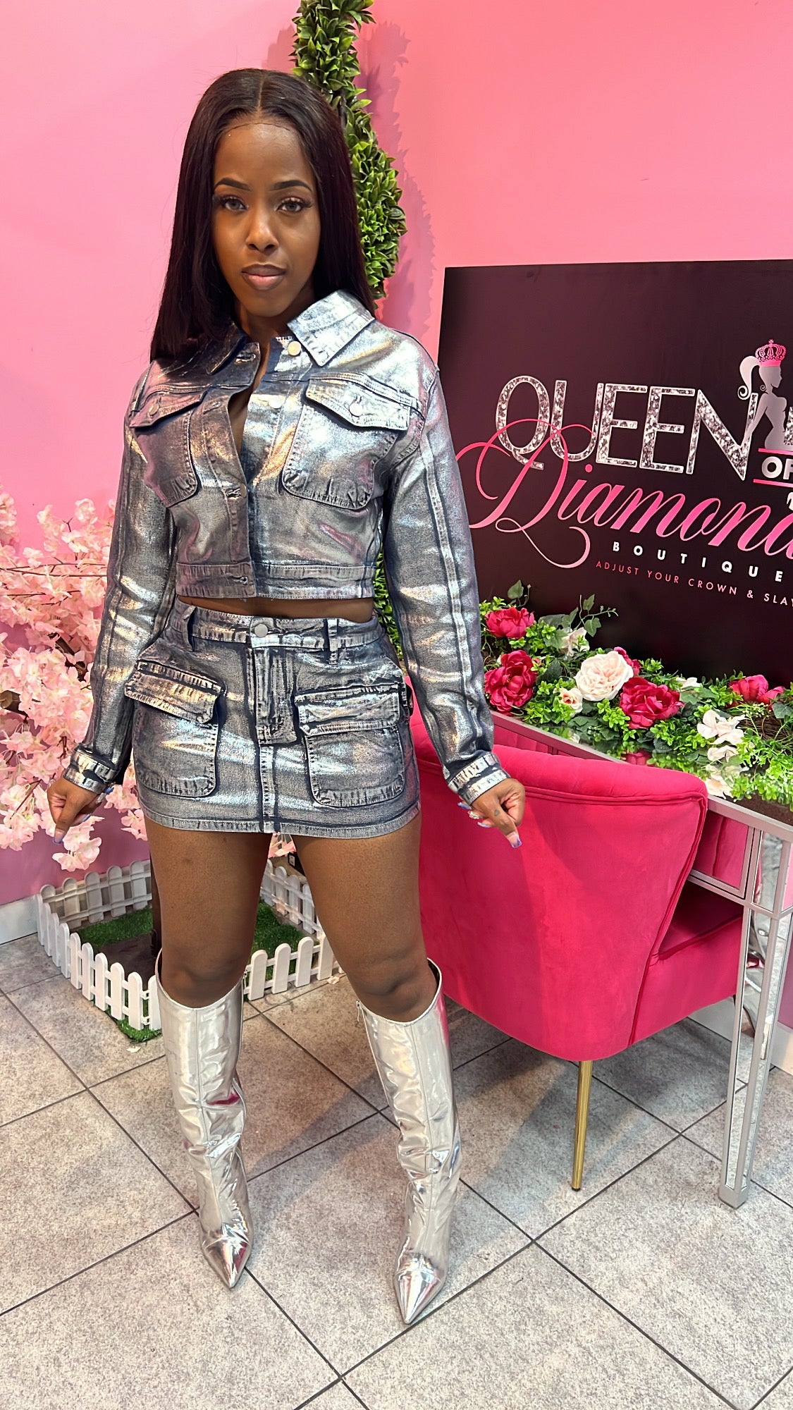 Metallic Denim Skirt Set