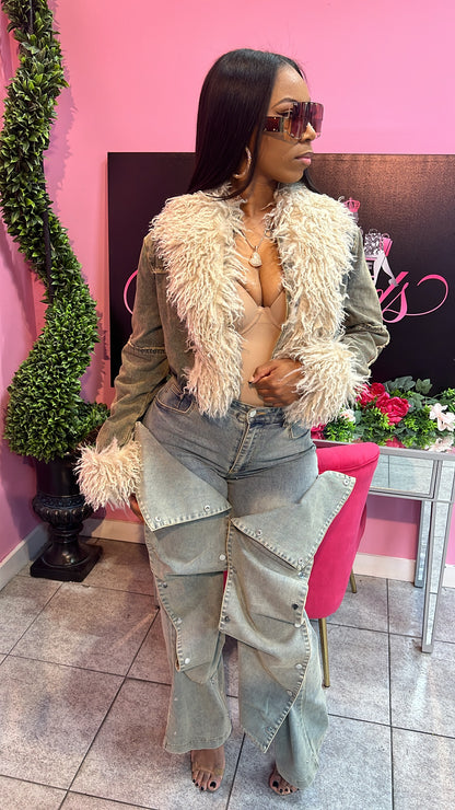 Stylish Tint Denim Fur Jacket