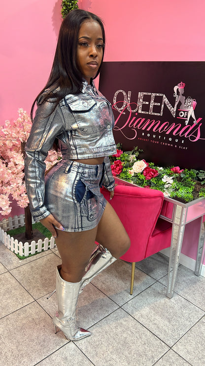 Metallic Denim Skirt Set
