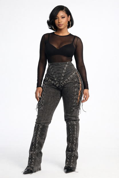 Fierce Laced Denim Flares - Black