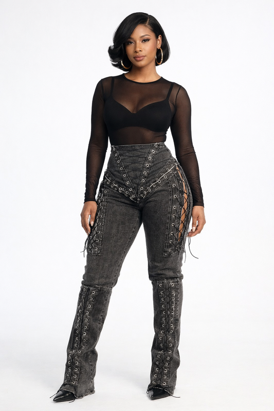 Fierce Laced Denim Flares - Black