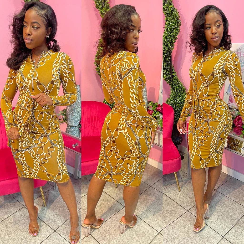 Chain Print Dress - Mustard – Queen Of Diamonds Boutique