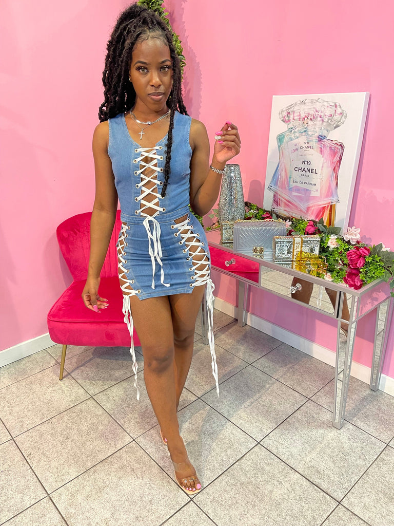 Lace up denim sales dress